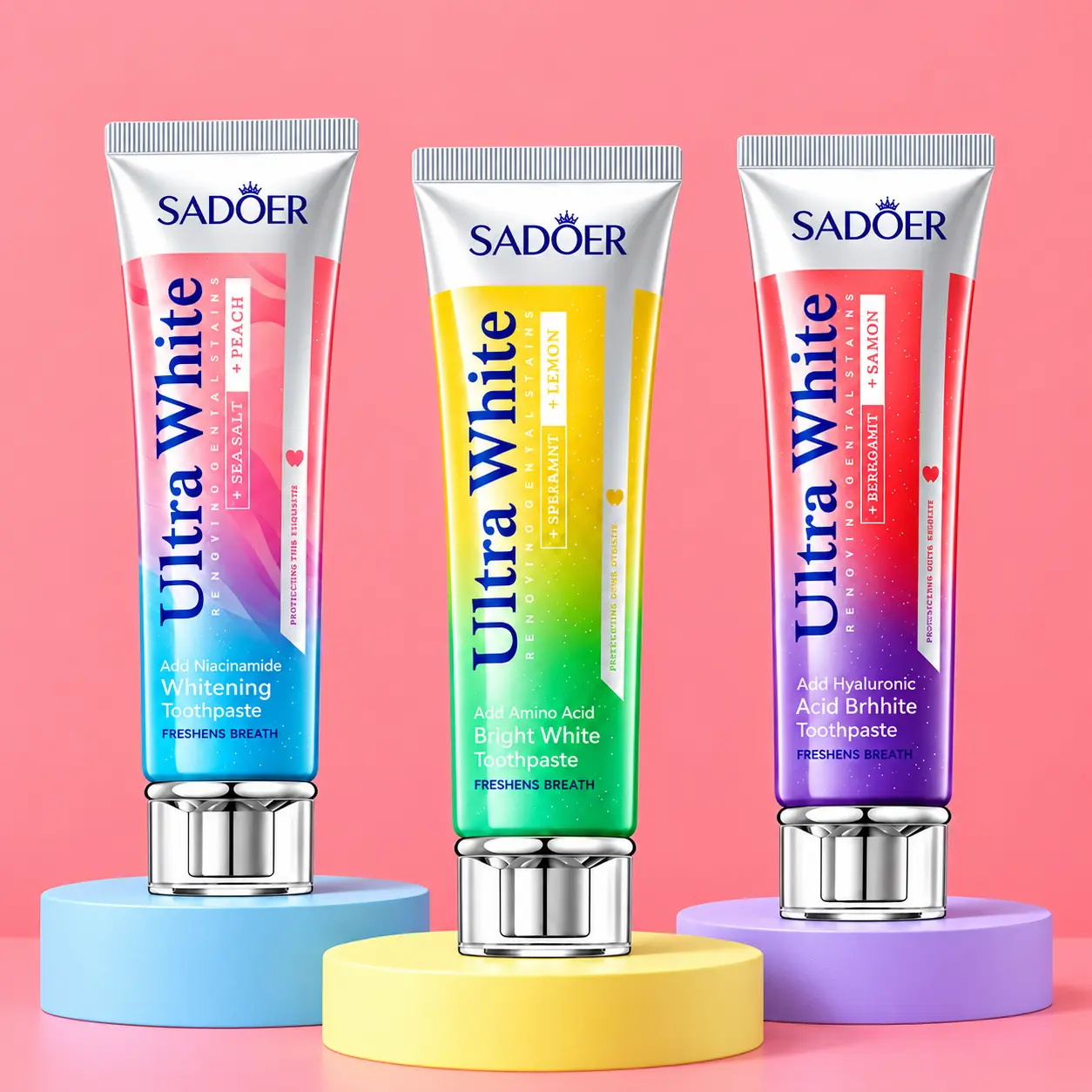 SADOER Toothpaste 3 Pack Variety Bundle, Ultra White Lemon, Peach and Cherry Blossom Flavor Toothpaste for Daily Oral Care, Fresh Breath Brushing Set for Adults, Bathroom and Travel Use Oral