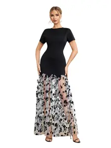 Women's Elegant Bodycon Dress, Slim-Fit Woven Fabric Summer, Round Neck Short Sleeve Lace Patchwork Embroidery Design dress, midi maxi dress for party, back to school dresses, evening club mermaid dress, fallfleshness black dresses