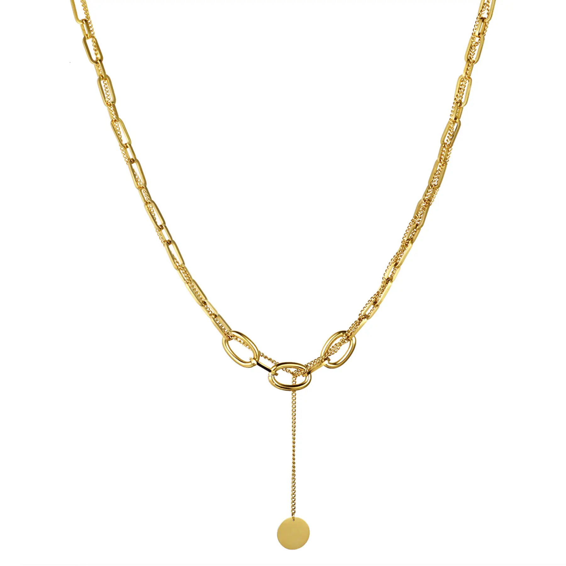 OIDEA Women's Stainless Steel Multi-Strand Round Disc Pendant Necklace, Double-Layer Chain Jewelry, 16.53-Inch, Multi-Strand Chain Necklaces, Chain Jewelry Necklaces