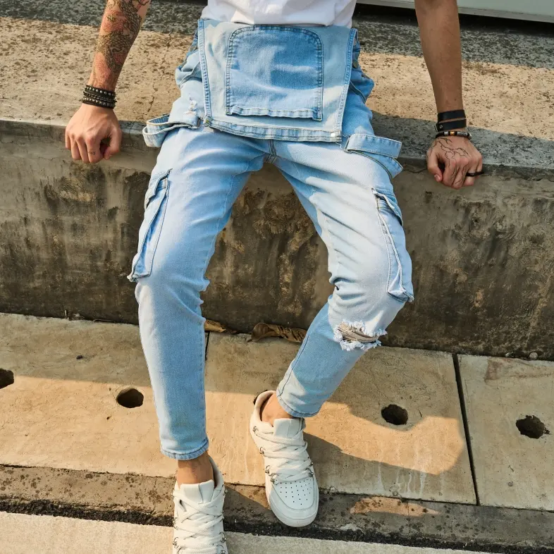 Men's Plain  Button Denim Overalls, Casual Comfy Ripped Pocket Overalls for Daily Wear, Men's Overalls for All Seasons DFYD