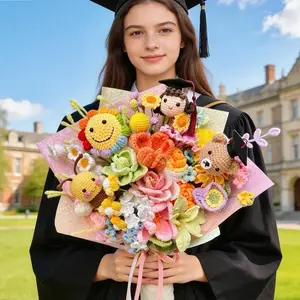 Handmade Crochet Graduation Bouquet with Bear - Yarn Flower Keepsake Gift for Her, Festive Party Gift for Home Supplies