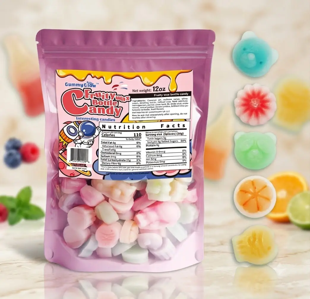 Gummy Glow Wax Candy, Retro Chewy Fruit-Flavored Candy, Assorted Fruit Flavors, Gluten-Free, 12 Oz Bulk Pack, 55–65 Pieces