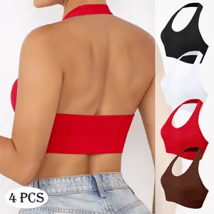 4 Pack Ribbed Halter Crop Top for Woman Backless Sleeveless Solid Seamless Sexy Cami Tank Tops