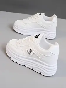 Women's Fashionable Solid Color Lace Up Platform Sneakers, Casual Comfortable Sports Shoes for Daily Wear, Perfect for Students and Outdoor Sports, Thick Soled Sneakers