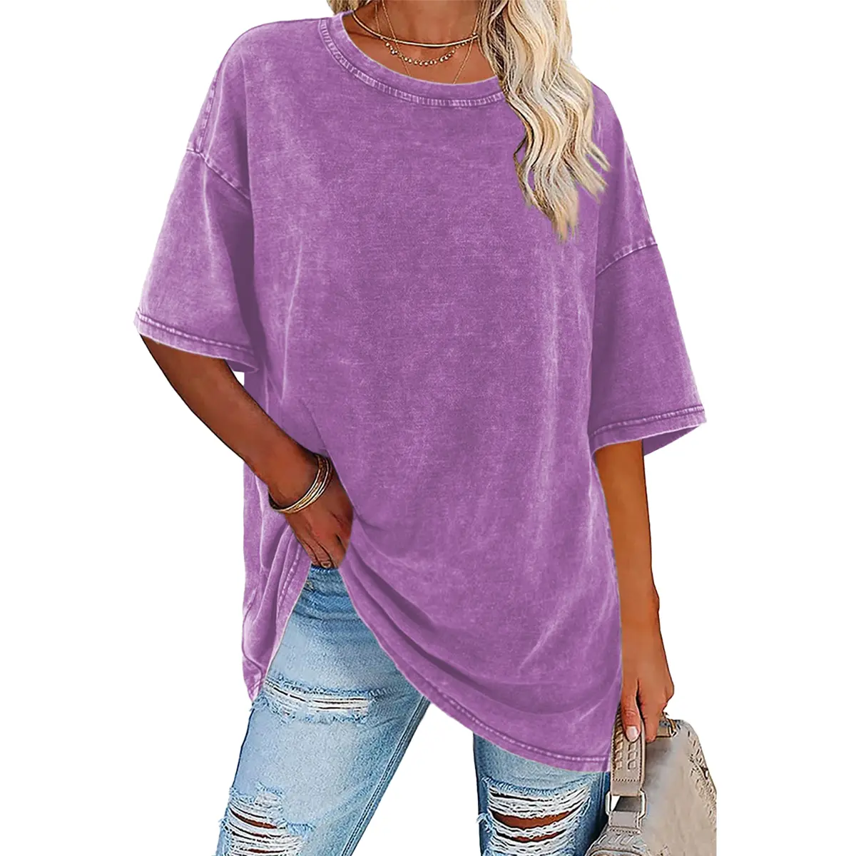 Holafish Women's Vintage Oversized Acid Washed Heavy-Weight Cotton Crew Neck T-Shirt - Soft, Baggy Loose-Fit Solid Short Sleeve Capsule Wardrobe Top for Happy Curves Sporty Chic Layering with Jackets & Coats