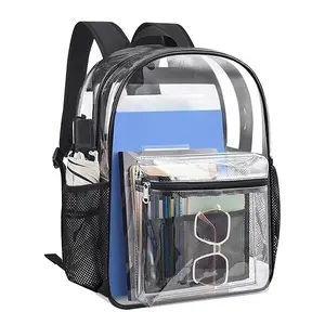 Clear Backpack Heavy Duty PVC Transparent Backpack See Through Book Bag for College Concert Travel with Front Mesh Pocket & Main Compartment