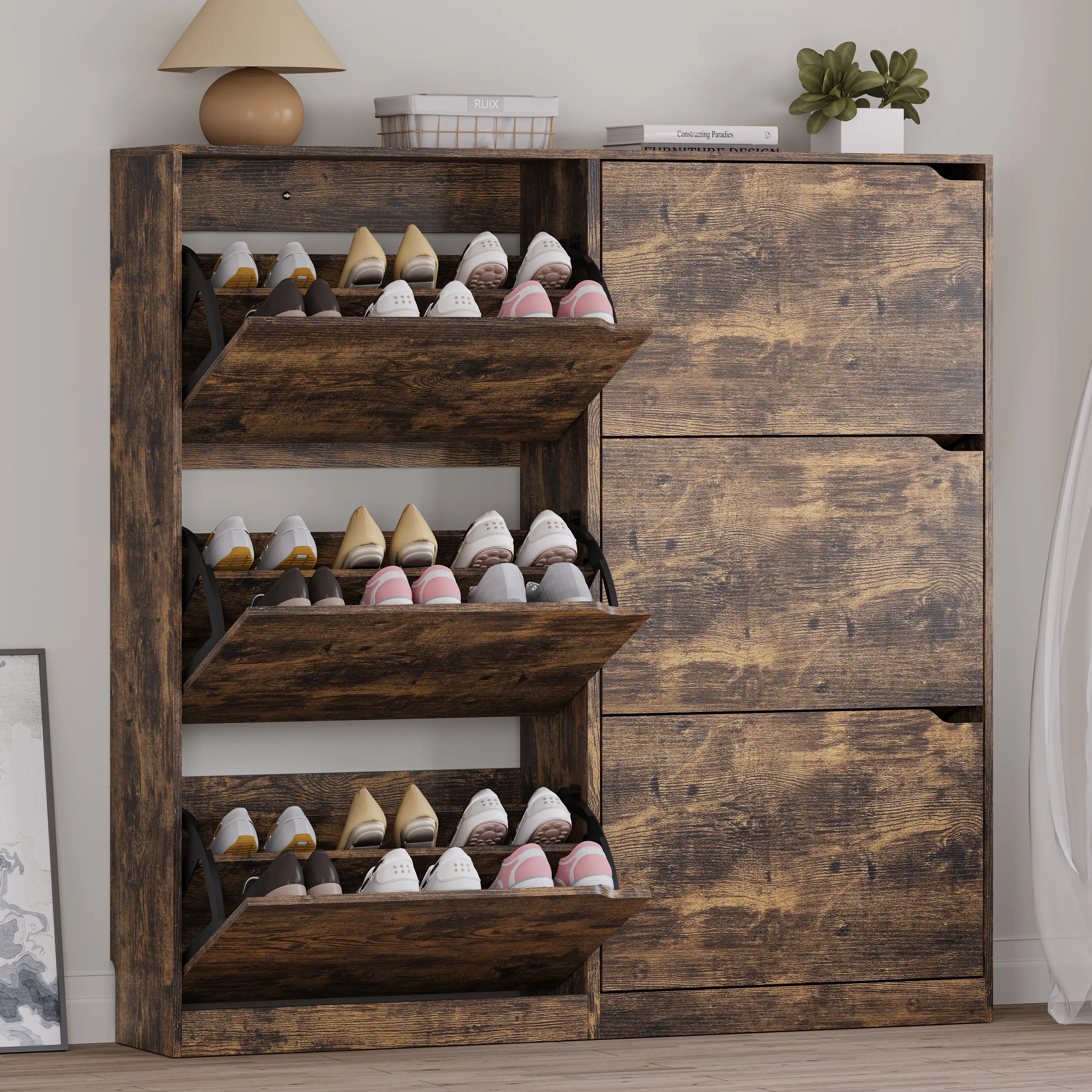 Freestanding Narrow Wood Shoe Cabinet with 6 Flip Drawers - Sturdy Hidden Shoe Rack Organizer, Adjustable Indoor Entryway Furniture for Living Room, Hidden Storage deskmakeover