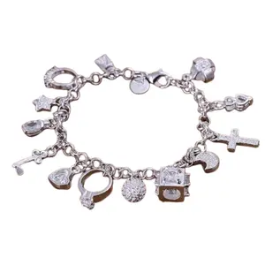 CZ Charm Bracelet - Silver Chain with Unique Charms, Includes Key, Heart, Cross, and Star Designs-FINAL SALE