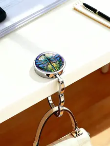 Stained Glass Dragonfly Purse Hook, Foldable Metal Table Bag Hanger, Portable Handbag Holder for Desk, Anti-Slip Bag Hook for Women, Bag Accessories