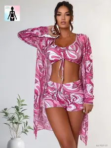 Aura Swim Women's Pink Abstract Print V-Neck 3-Piece Bikini Set Bathing Suit - High-Waisted Swimwear, Long-Sleeve Cover-Up, Curve-Hugging, Removable Pads, Ruched Tie, Stretch Blend Swimsuits for Pool Parties, Vacations