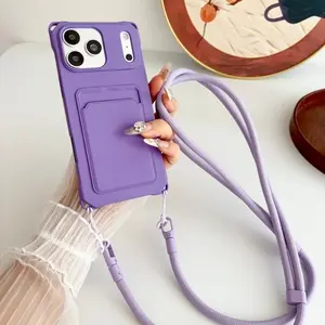 Casing For iPhone 17 Air 11 12 13 14 16 15 Pro Max 15 Plus Crossbody Lanyard Solt Card Holder Wallet Silicone Soft Back Cover