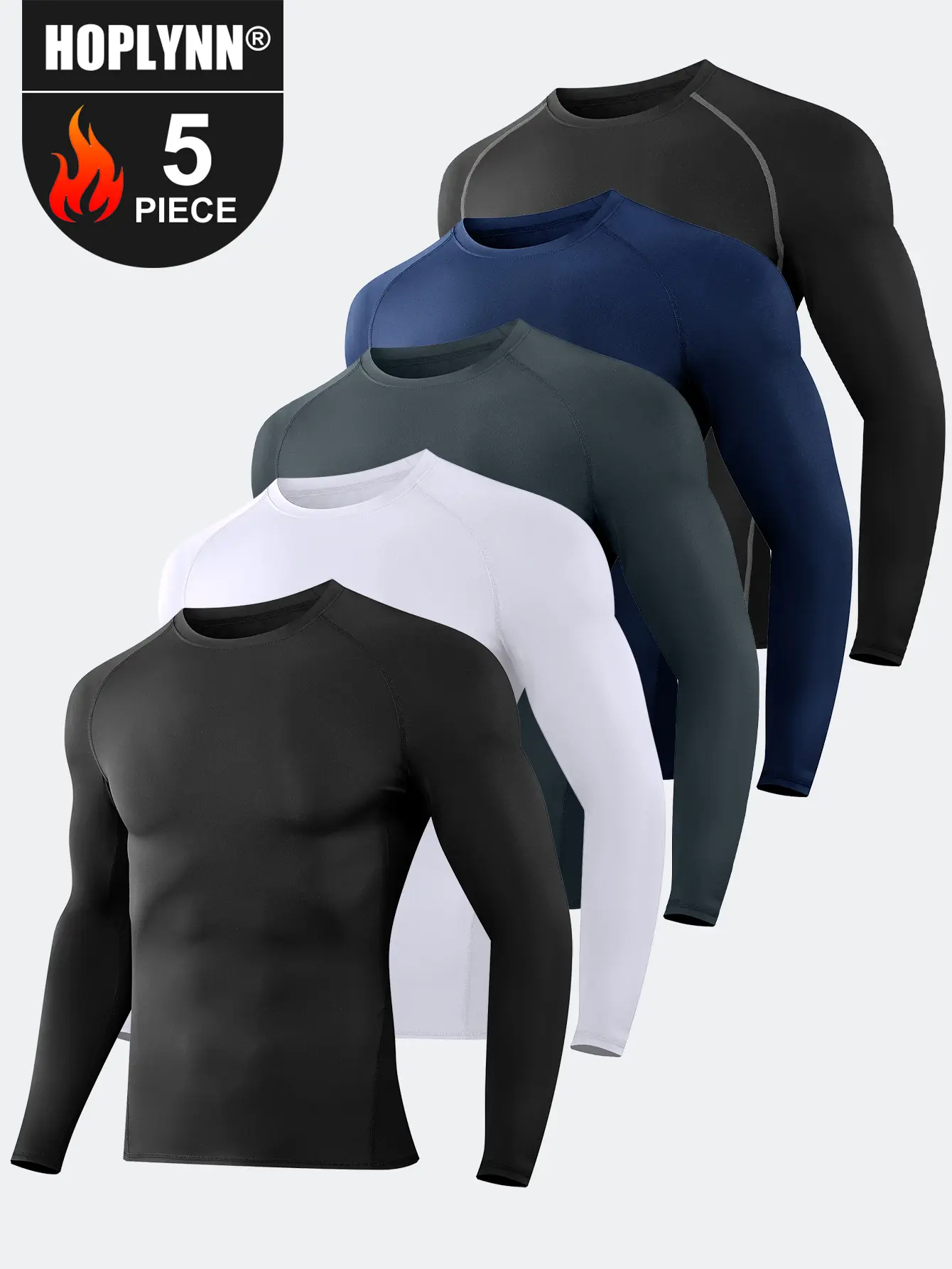 HOPLYNN Men's 5-Piece Compression Workout Sets - Active, Breathable, Compression Garment, Form-Fitting Sports T-Shirt & Long Sleeve Leggings (Amazon Hot-Selling Style), Active Sports T-Shirt, Compression Support Sports T-Shirt, Breatheable Sports T-Shirt