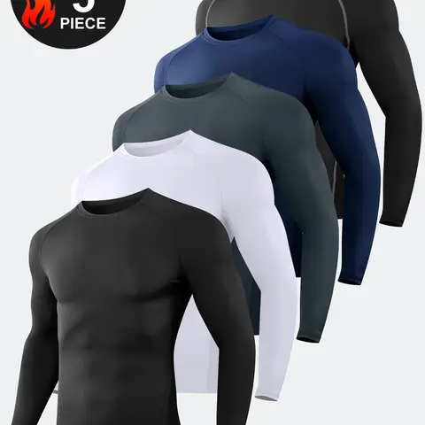 HOPLYNN Men's 5-Piece Compression Workout Set - Breathable, Dry Fit Performance Clothing with Shirts & Leggings, Gym Daily Wear, Casual Sporty Fitted Fitness Athletic Streetwear