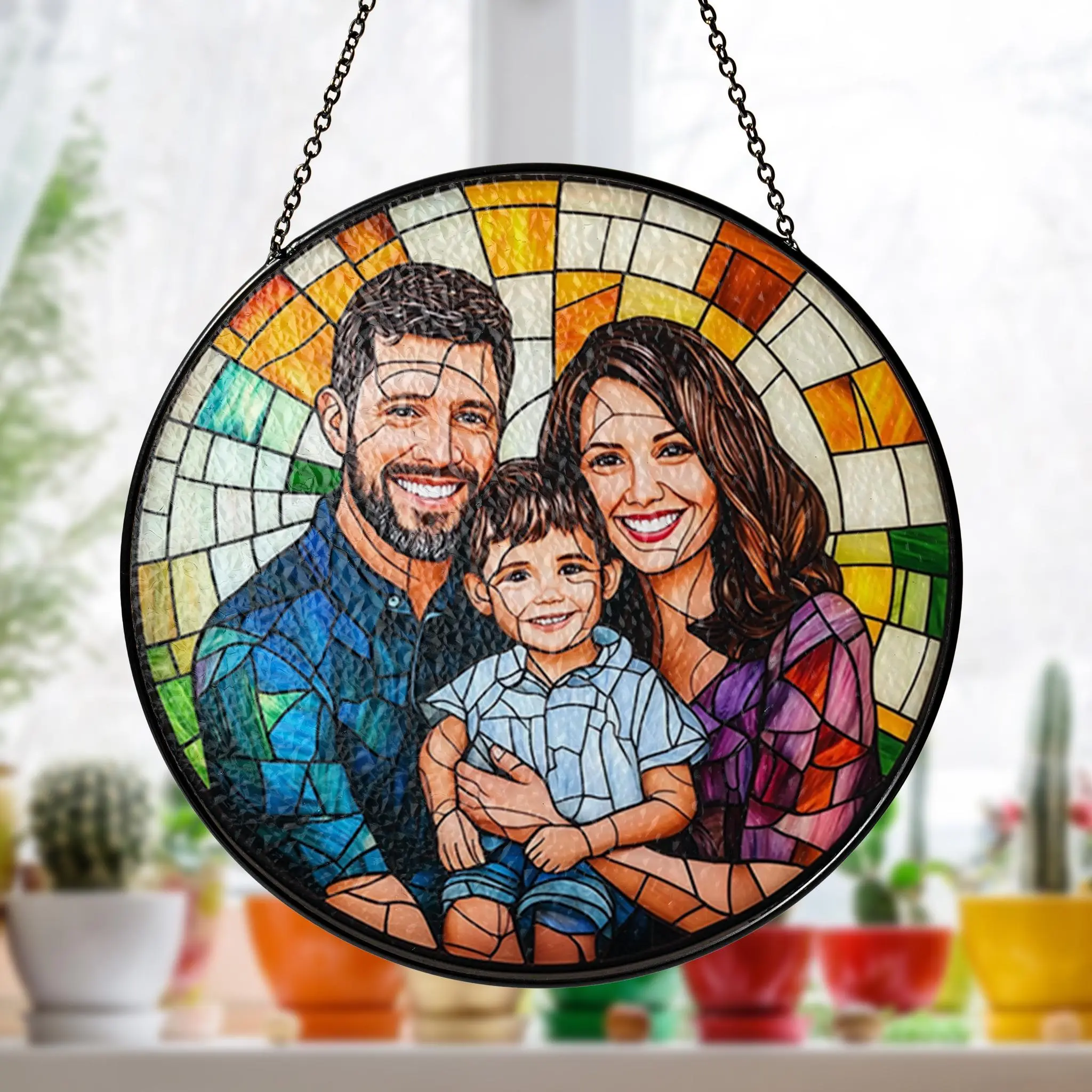 [Made in US] Personalized Family Portrait Stained Glass Suncatcher: Custom Memorial Gift