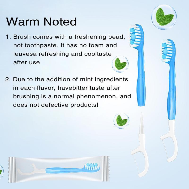 26pcs 5-in-1 mini disposable toothbrush set — portable travel oral hygiene kit with toothpaste, dental floss, toothpick, tongue scraper, and soft bristles; individually wrapped; fresh breath solution for work and business trips; available in 4 flavors