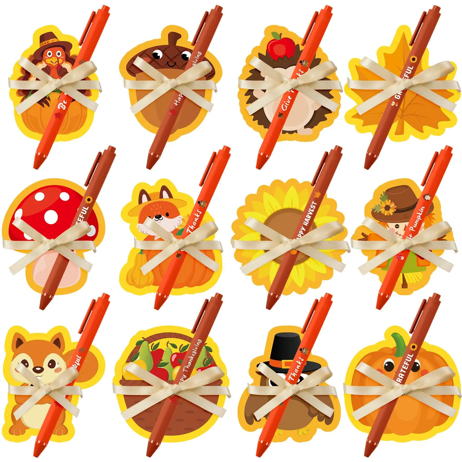 24 Sets Thanksgiving Sticky Notes Pad with Pens Fall Party Favors for School Office Thanksgiving Adhesive Stiicky Note Memo Pads with Ballpoint Pen Pumpkin Notepads Autumn Employee appreciation Gift for Coworkers Teachers Office Stationery Supplies