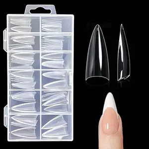 120Pcs Clear Stiletto Nail Tips, Half Cover Soft Gel Nail Tips Medium Stiletto False Nails Almond Shape Curved Tips for Acrylic Nails Salon Home DIY with Box 12 Sizes Nail Extension