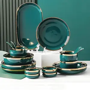Nordic Style Luxury Ceramic Tableware Set, 18pcs/25pcs Gold Rim Modern Plates Bowls, Ideal for Weddings Birthdays Daily Use