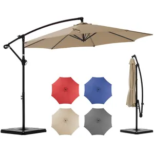 【 With Base】10ft Offset Outdoor Patio Umbrella with Base, Easy Tilt & Crank, Adjustable Polyester Shade for Garden, Backyard, Poolside