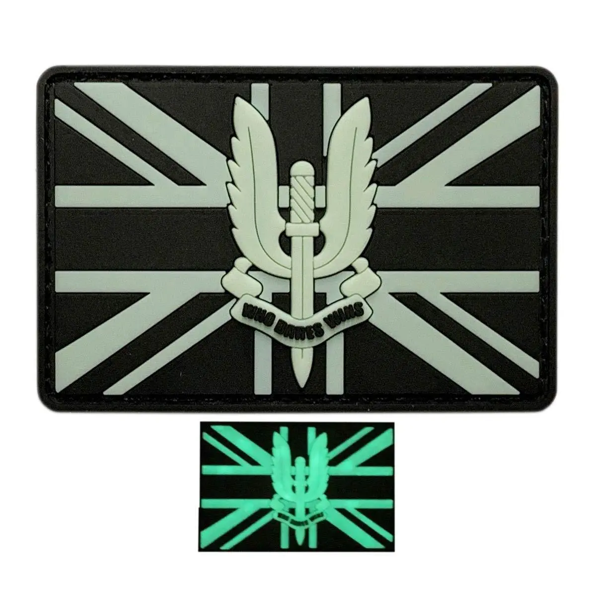 Glow Dark SAS Who Dares Win Tactical Patch (3D PVC -“Hook” Fastener -S7)