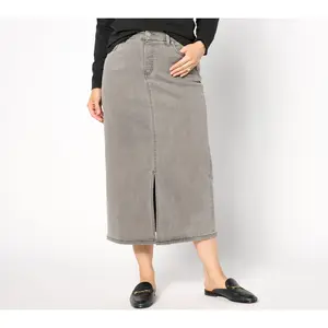 QVC Women's Petite Grey Easy-Stretch Denim Midi Skirt