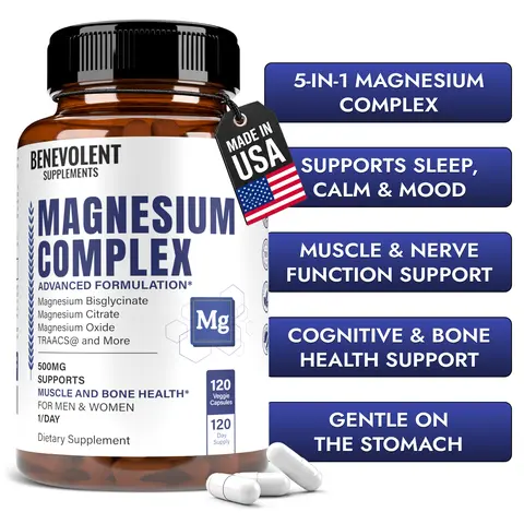 Benevolent 5-in-1 Magnesium Complex 500 mg – With TRAACS Bisglycinate Chelate – Vitamins for Sleep, Relaxation & Muscle Support – 120-Day Supply - Healthcare Dietary Supplement