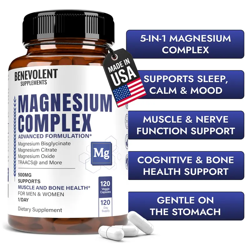Benevolent 5-in-1 Magnesium Complex 500 mg – With TRAACS Bisglycinate Chelate – Vitamins for Sleep, Relaxation & Muscle Support – 120-Day Supply - Healthcare Dietary Supplement