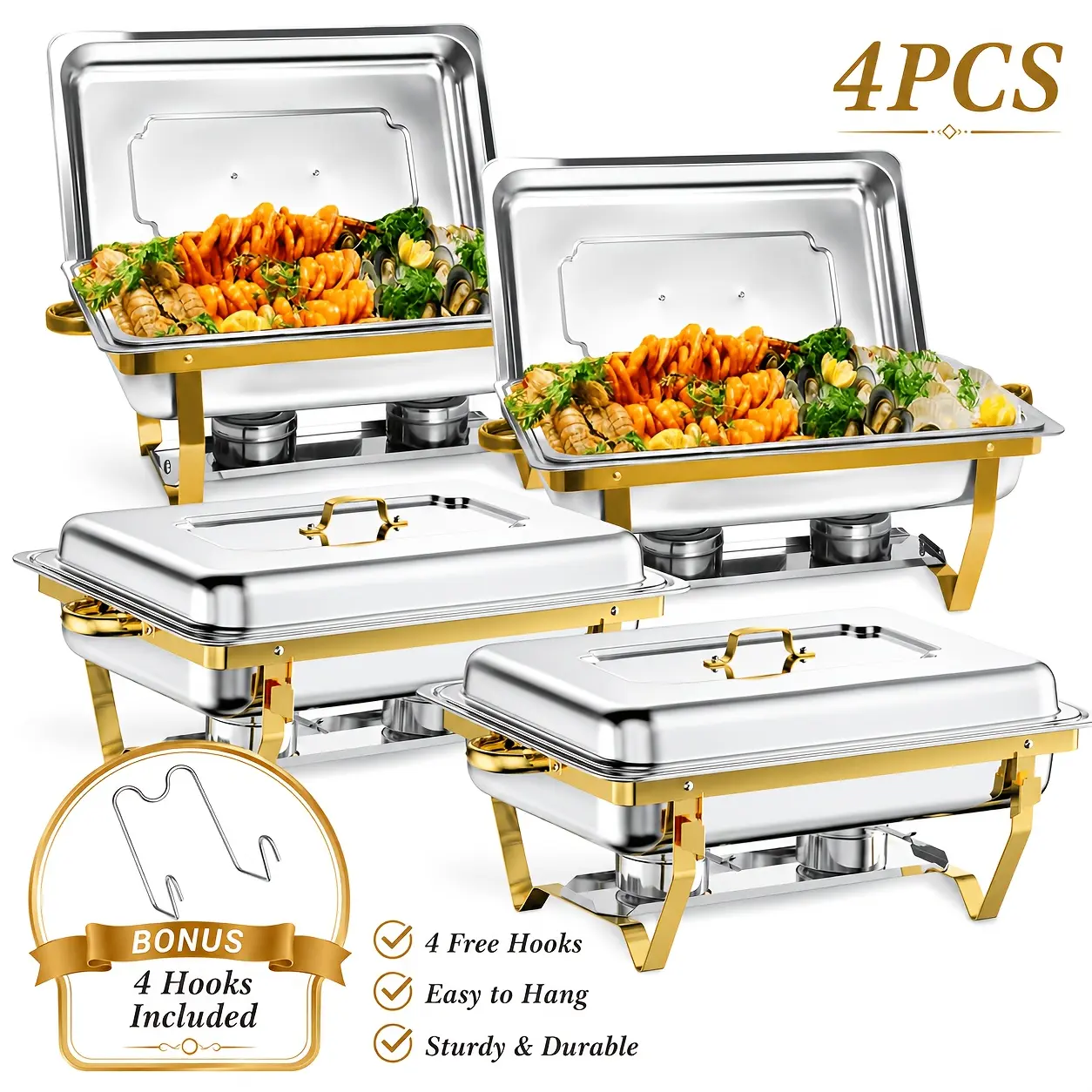 9QT 4 Set Golden Chafing Dish Buffet Set, Buffet Servers, And Warmers, Stainless Steel Chafers And Buffet Warmers with Full-Size Pans, Elegant Golden & Silvery Finish, Catering Equipment for Weddings, Parties, Banquets, Events, for Cooking