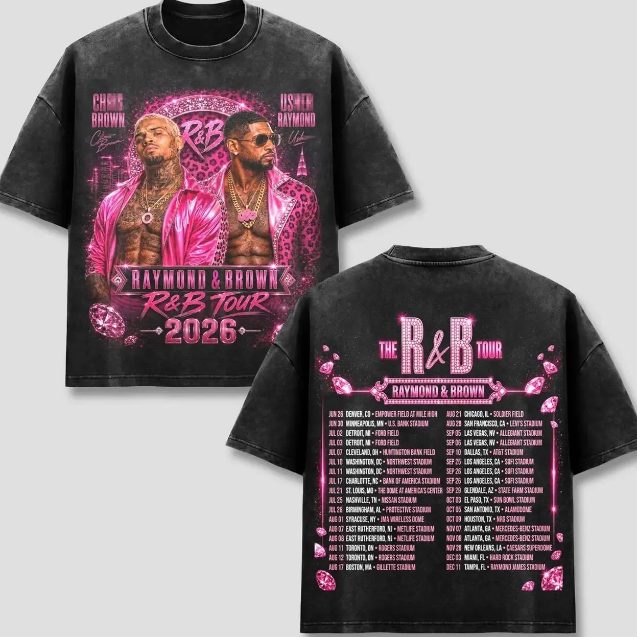 Retro Brown Raymond T-Shirt, "Breezy" Raymond & Brown Tee, R&B Tour 2026 Clothing, Pink Diamond Leopard Top, Concert Dates Schedule Merch, Vintage Acid Washed Apparel, Team Breezy Hip Hop Fan Gift, Unisex Oversized Black Wear 1VJ