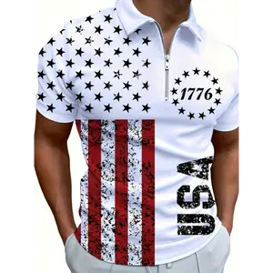 [USA Flag Print Polo] USA Flag Print Polo Shirt - Men's Casual Summer Shirt, 100% Polyester Knit Fabric, Slight Stretch, Lapel Collar, Zipper Detail, Regular Fit, All Over Print Design, 200gsm - Gift For Men Top Menswear White Tropical Fathersdaygift