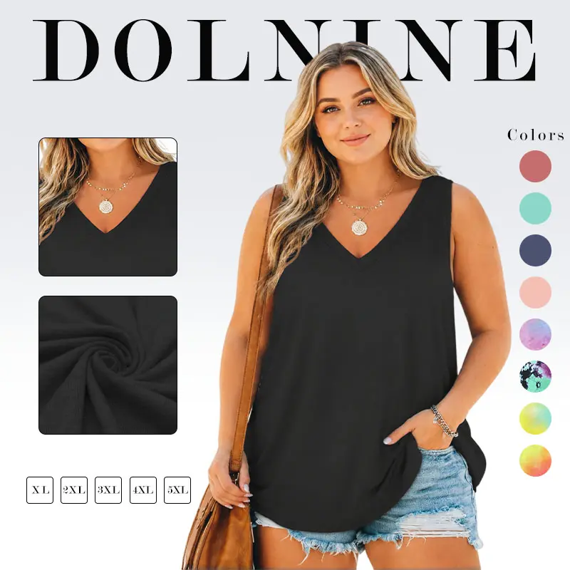 DOLNINE Women's Plus Size Tunic Tank Top, Casual Oversize V-Neck in Solid & Floral Prints, Soft Stretch Fabric for Summer Beach & Shorts, Style