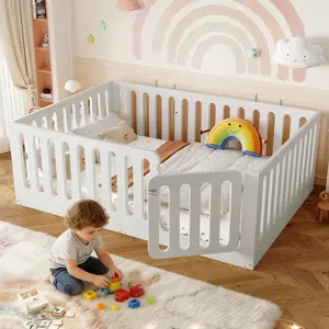 Full Size Floor Bed with High Fence for Kids, Solid Wood Kids Montessori Bed with Door, low-profile and No Box Spring Needed Design, White