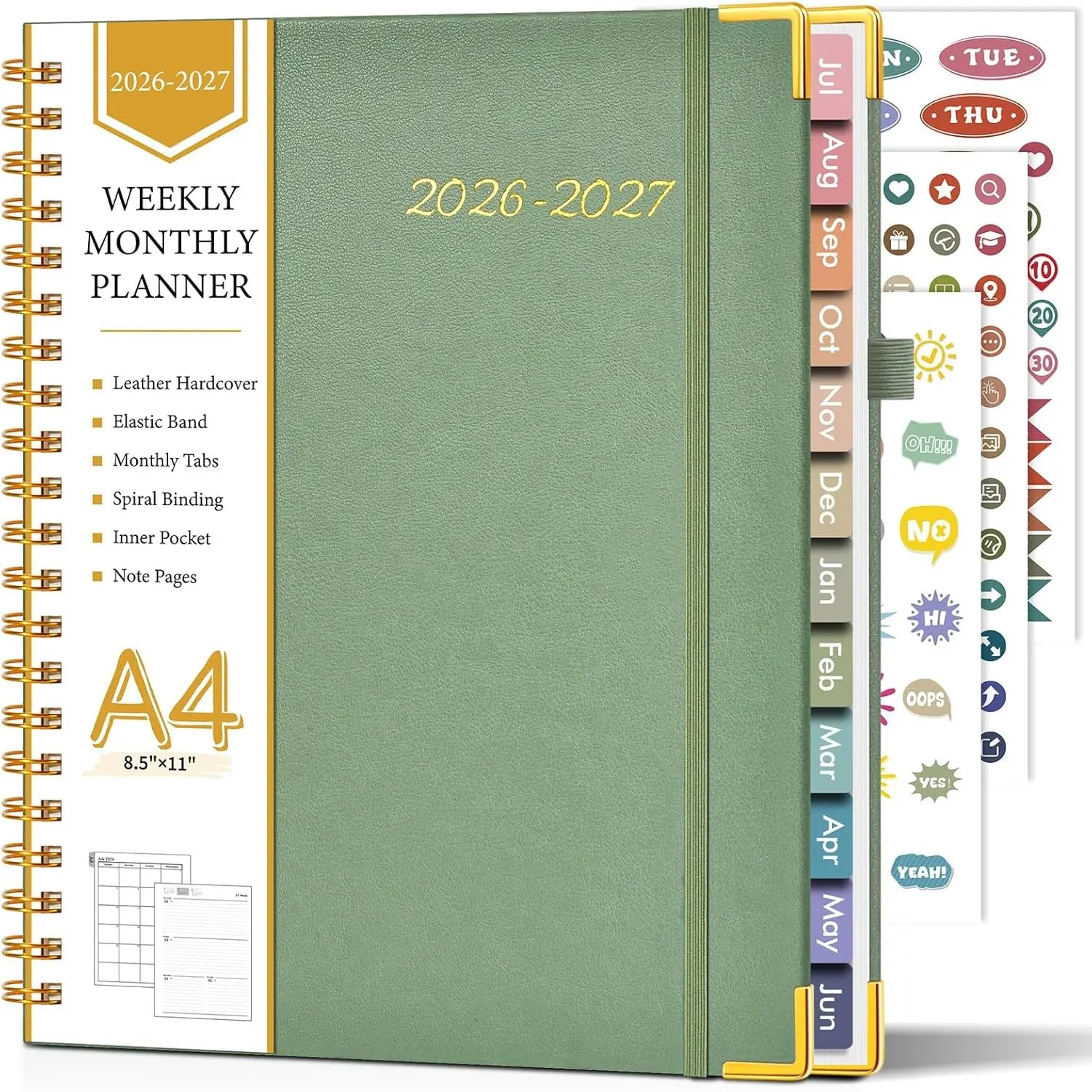 Academic Planner 2026-2027, Hardcover Leather Weekly and Monthly Calendar Planner from July 2026 - June 2027, A4 8.5" x 11" Daily Agenda with Tabs, College School Organizer for Student Teacher, Green