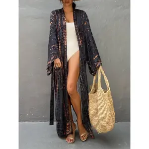 [Boho Style Beach Kimono] Viscose Striped Print Kimono - Boho Style Women's Open Front Beach Cover Up with Belt - 108g/㎡ Weight, Non-Stretch Woven Fabric, Perfect for Beach Vacation