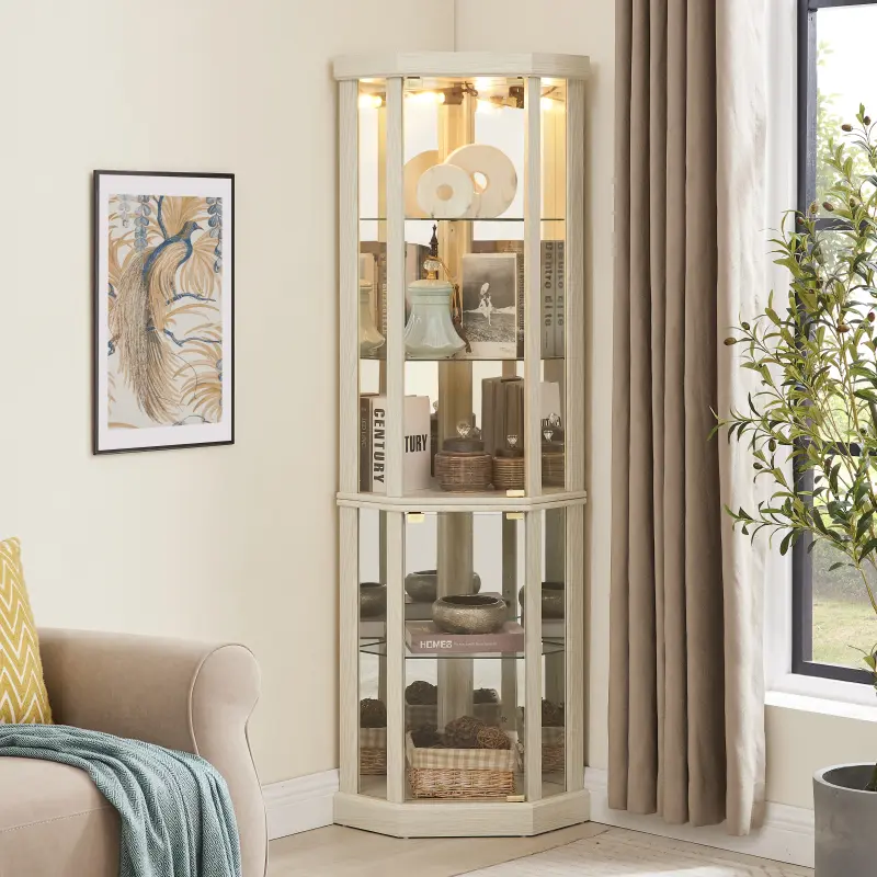 [Bellemave]Corner Lighted Curio Cabinet Corner Glass Cabinet Lighted Curio Cabinet Corner Display Case for Living Room, Curio Cabinet, Antique collection, Wine,Bar Glass Storage Light Included,Antique White