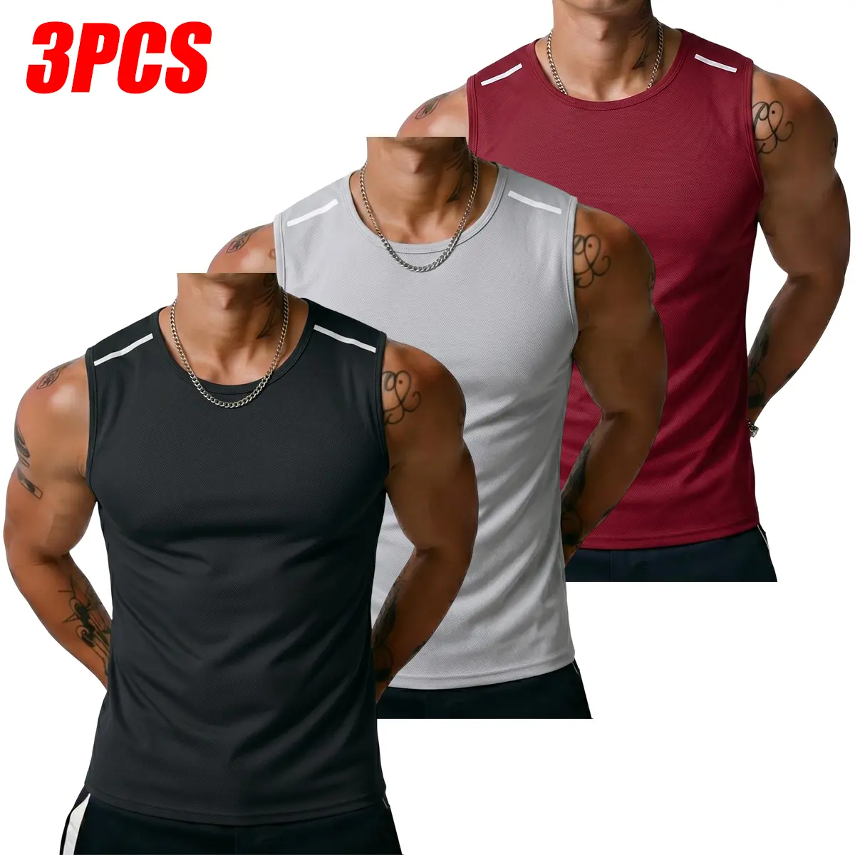 JOGWAVE 3PCS Men’s Fitness Sports Tank Top Set, solid color design, casual soft sleeveless muscle fitness T-shirt, gym T-shirt, men’s crewneck compression basketball shorts, sports tank top, back-to-school shopping, Father’s Day gift idea
