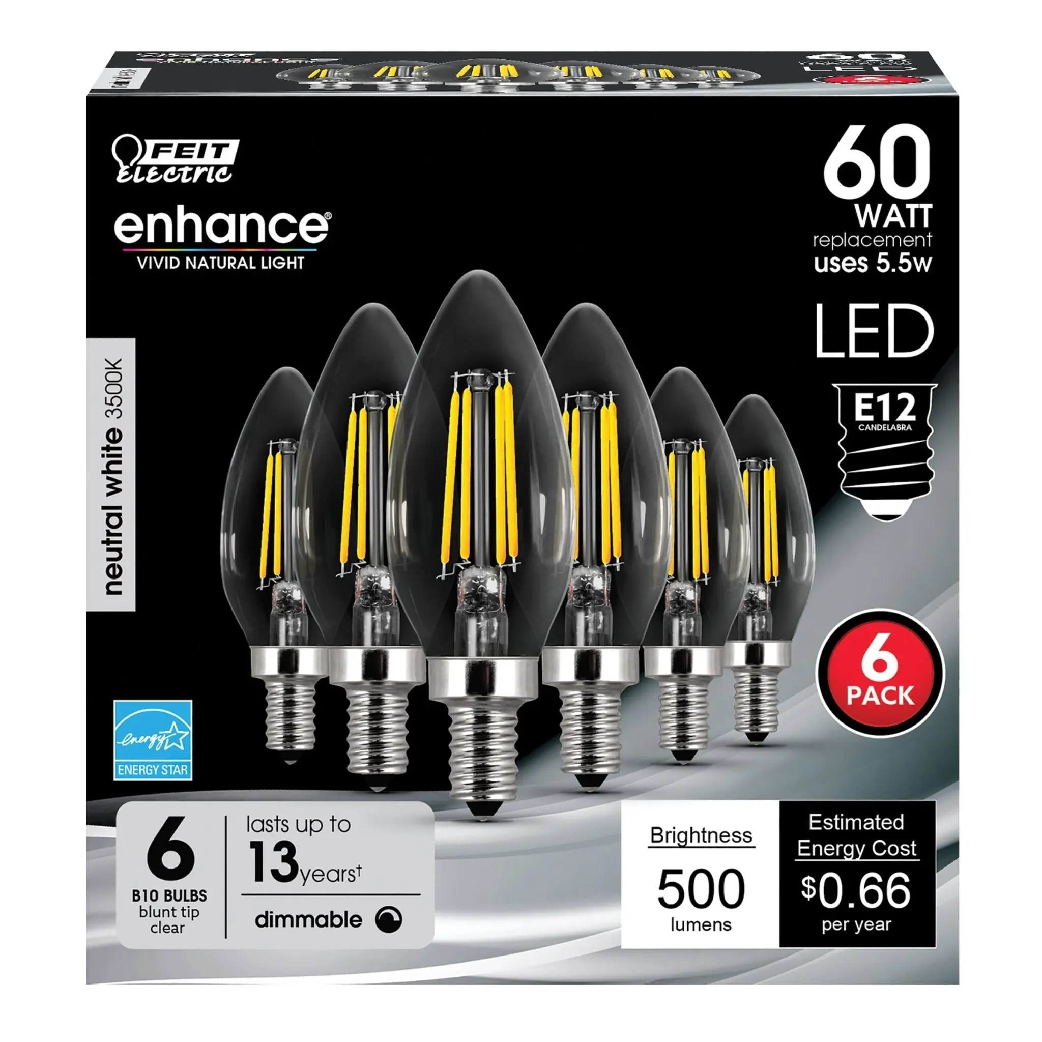 Feit Electric 60 Watt Replacement B10 Neutral White 3500K E12 Base Dimmable LED Light Bulb 6 Pack