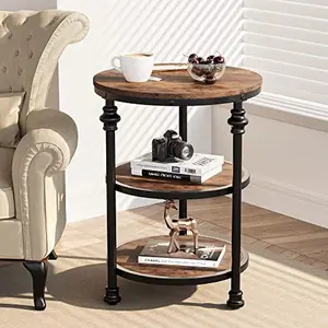 GARVEE 3-Tier Round Side Table with Storage Shelf, Stylish Metal Legs, and MDF Wood in Rustic Brown and Dark Oak Finishes - Ideal for Living Room or Bedroom in Small Spaces.