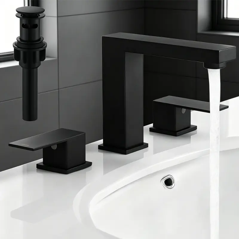 Matte Black 8-Inch Widespread Bathroom Vanity Faucet - 2-Handle Mixer Tap with Pop-Up Drain, Brass/Brushed Gold Options, Deck Mounted 3-Hole Sink Valve, Cold and Hot Switch, Hardware Included for Cabinets/Basins