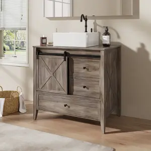 VNN Bathroom Vanity with Sink – 36–60 Inch Bathroom Vanity with Ceramic Sink, Freestanding Cabinet with Farmhouse Sliding Barn Door and 3 Drawers, Space-Saving Storage Cabinet, Wood Grain Texture, Grey