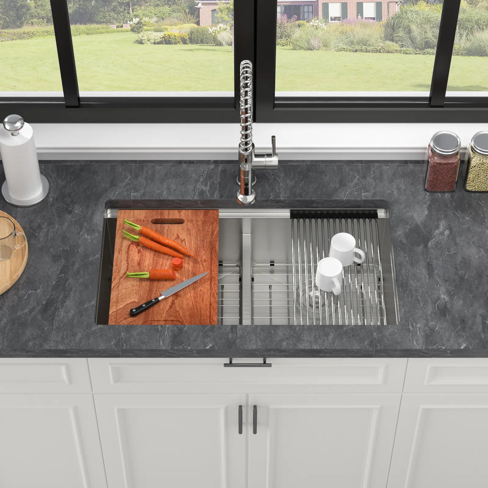 33 x 19 x 10 Inch Undermount Double Bowl Kitchen Sink, 16 Gauge T304 Stainless Steel, 50/50 Low Divider Workstation with Accessories, Brushed Nickel