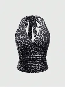 Trendy Leopard Print Halter Neck Fitted Top, Casual Summer Fall Fashion, Perfect for Daily Wear & Stylish, Must-Have Women's Clothing