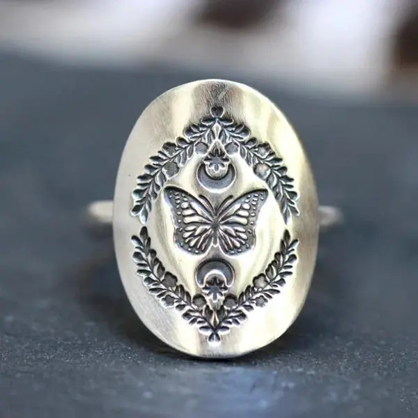 Vintage Bohemian Graphic Signet Ring - Exquisite Butterfly Relief Carvings, Distressed Style, Surrounding Branch & Leaf Details, Natural Element Design, Unique Oval Face Fit for Hand Shape, Gift for Her