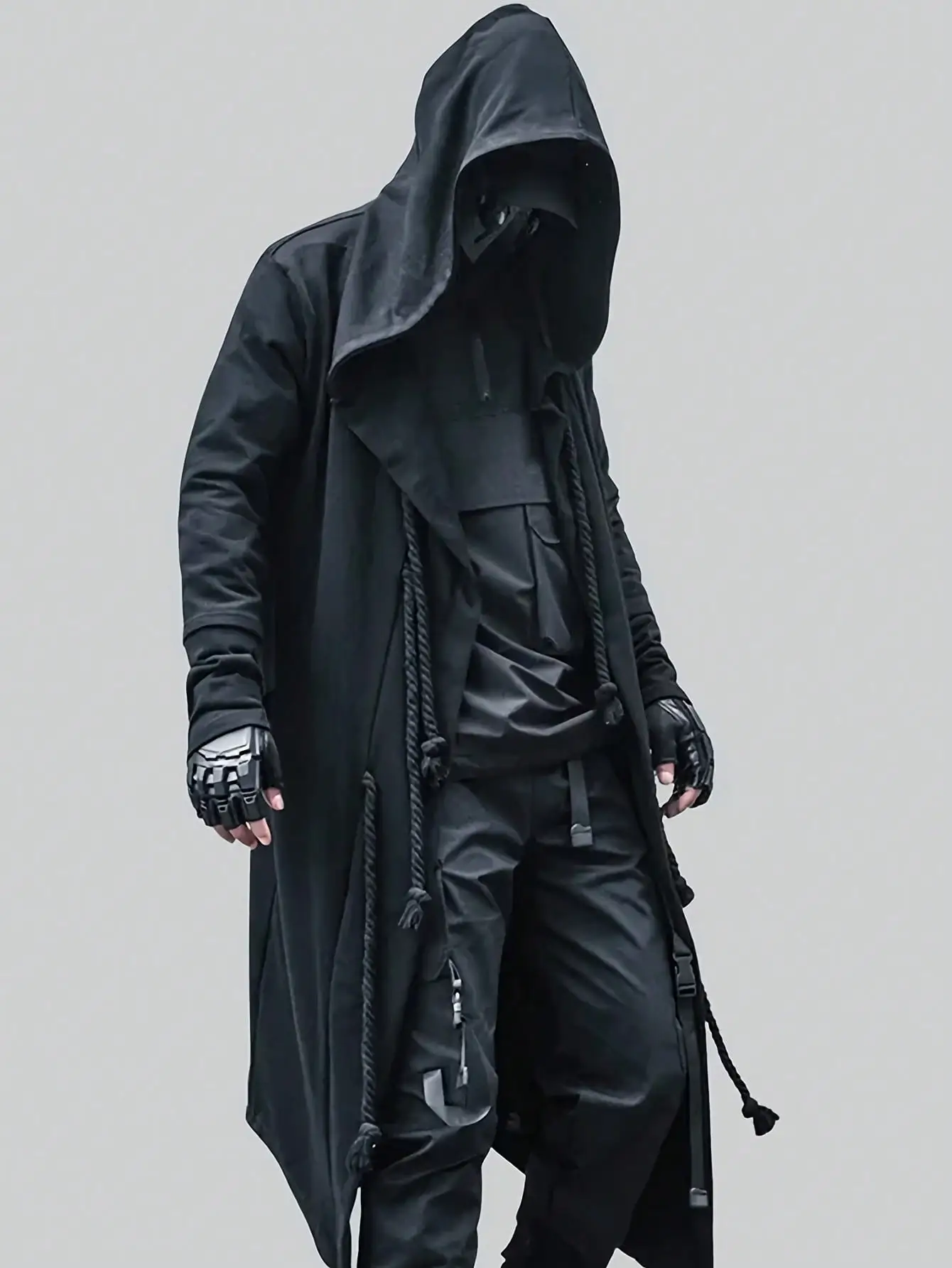 Men's Casual Hooded Cloak Coat, Open Front Warm Long Cardigan Outwear With Pocket, Gothic Style Punk Long Jacket Thobe