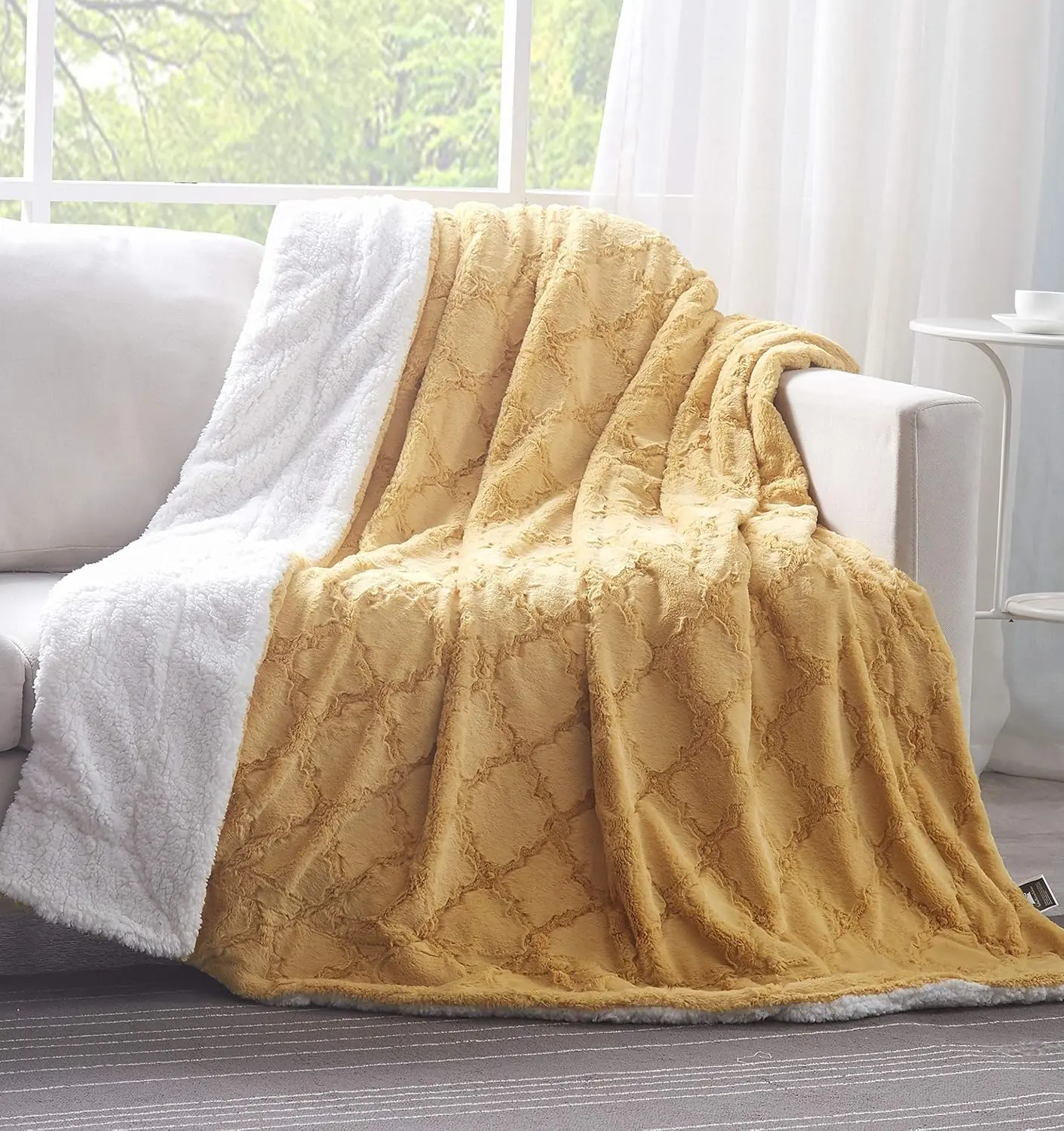 Tache Mustard Yellow Faux Fur Oversized Throw Blanket, 63x90 Moroccan Lattice Pattern, Super Soft Fluffy Warm Fall Decor for Bed, Sofa, Couch, Twin Size Tache Home Fashion