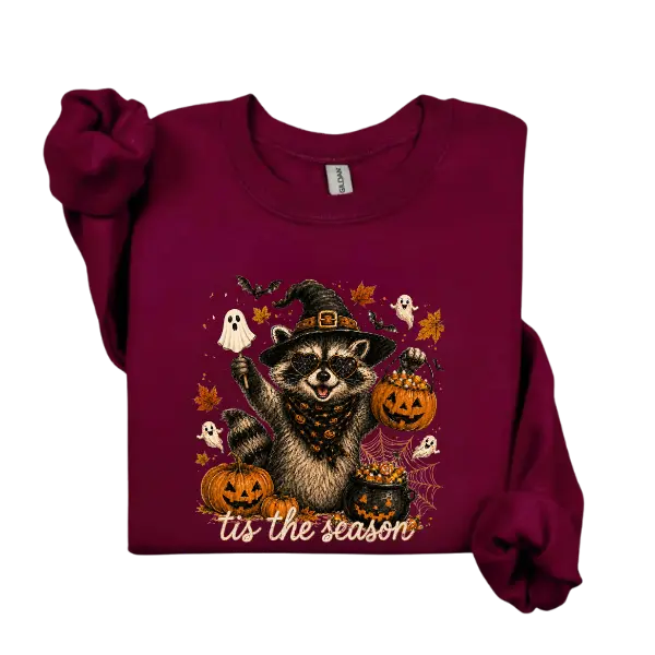 Vintage Halloween Raccoon Sweatshirt, Witch Raccoon and Pumpkin Graphic, Cozy Crewneck Pullover, Fall Gift for Animal Lovers