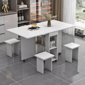 Folding Drop Leaf Dining Table Set for 4 with 4 Chairs, Space Saving Foldable Dining Table with Storage and 6 Wheels,  White