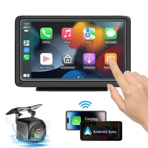 Portable in-car wireless entertainment system compatible with Apple CarPlay and Android Auto featuring a 7-inch HD touchscreen, with support for MirrorLink Bluetooth 5.0 rearview camera TF card AUX input and FM transmitter—suitable for all vehicle models
