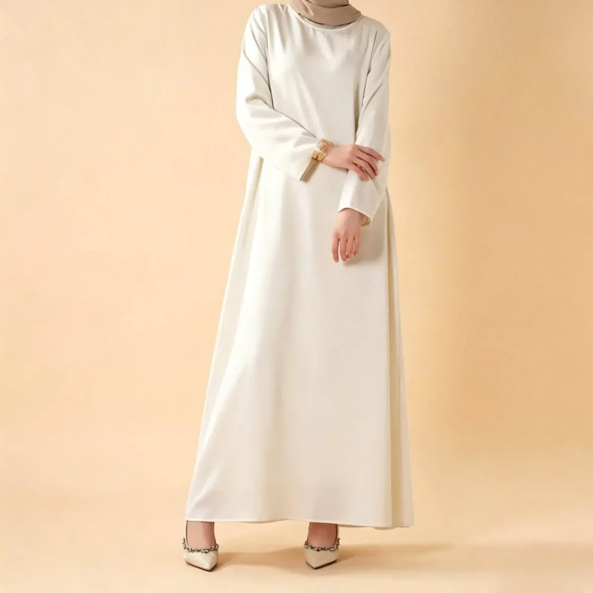 Women's Solid Satin Abaya, Long Sleeve Full Length Inner Slip Dress for Modest Layering, Lightweight Casual Full Coverage Gown, Modestdresses, Hijabi Fashion, Comfortable And Modest, 1-Piece, Elegant, Inner Dress