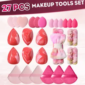 27pcs Face Makeup Tool Set, Hair Tie & 2pcs Wrist Straps & 6pcs Large Makeup Sponges & 6pcs Fan-Shaped Sponges & 6pcs Mini Makeup Sponges & 6pcs Thumb Sponges
